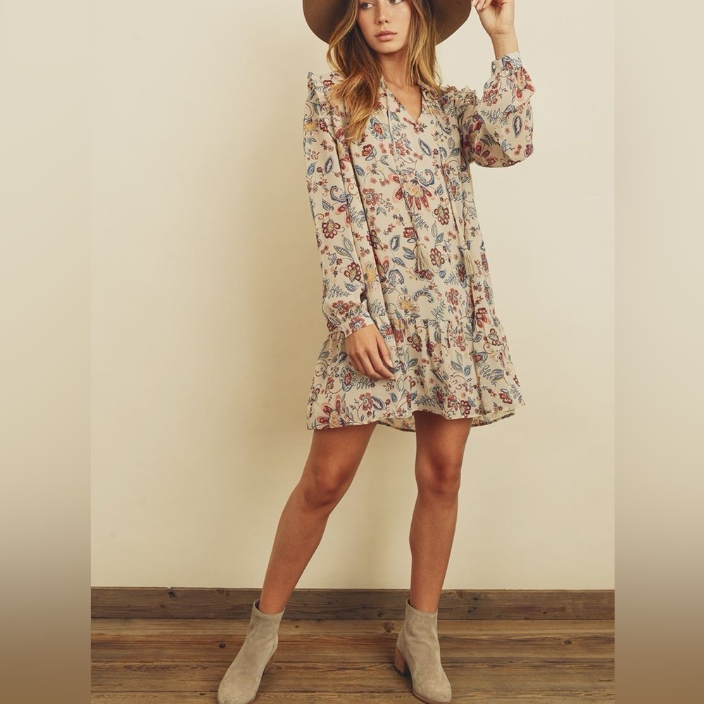 Darah Dahl Cream/Red/Blue Paisley Floral Boho Mini Dress Sz M Women